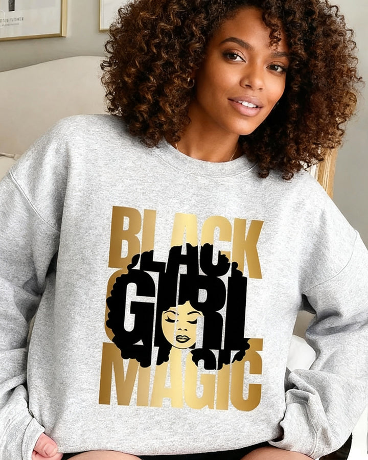 Black Girl Magic Print Crewneck Long Sleeve Sweatshirt