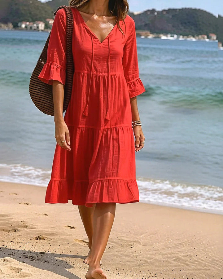 Solid Color Cotton Linen Tiered V-Neck Tie Waist A-Line Dress