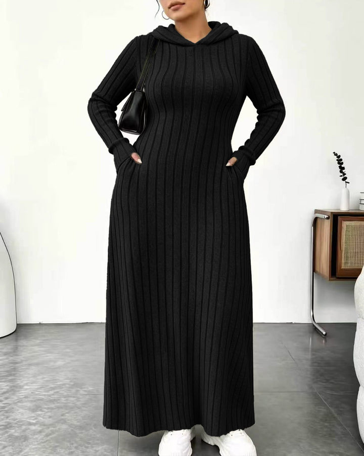 Plus Size Ribbed Hooded Pockets Maxi Dress