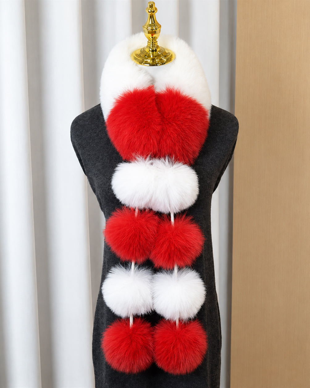 Women's Color Block Faux Fur Scarf with Pom Poms