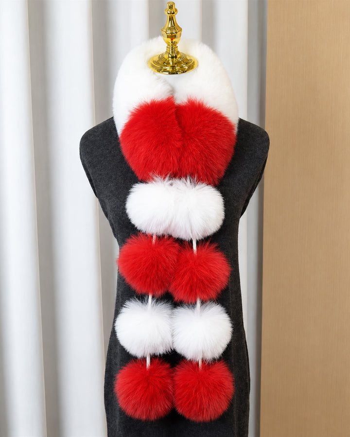 Women's Color Block Faux Fur Scarf with Pom Poms