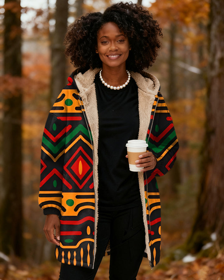 Colorful Totem Geometric Stripes Long Sleeve Zip-Up Fleece Long Coat