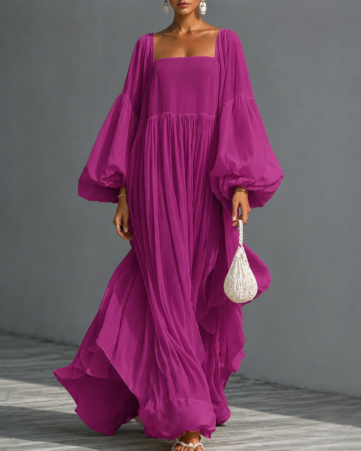 Square Neck Balloon Sleeve Chiffon Maxi Dress