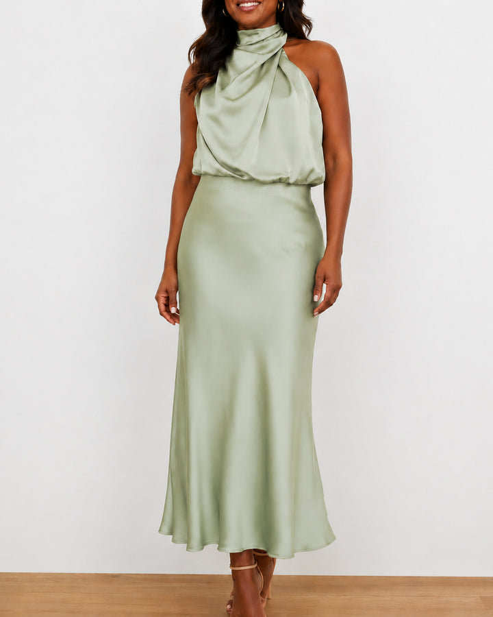 Women's  Satin Halter Design Midi Dress