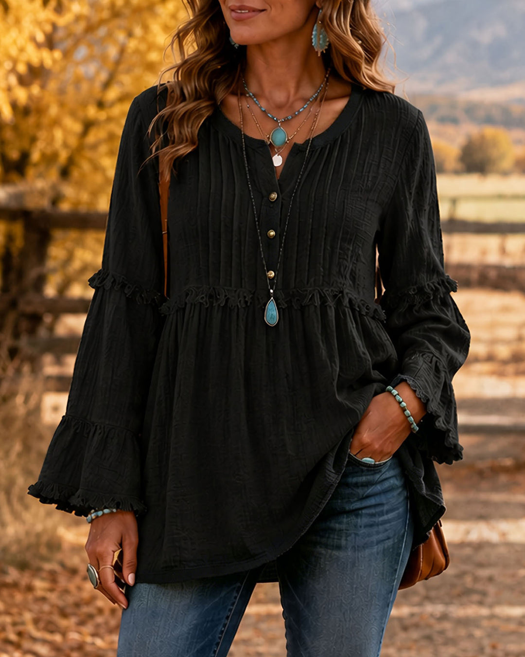 Crew Neck Button Down Loose Shirt with Tassel Spliced Lace