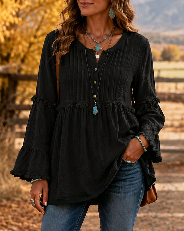 Crew Neck Button Down Loose Shirt with Tassel Spliced Lace