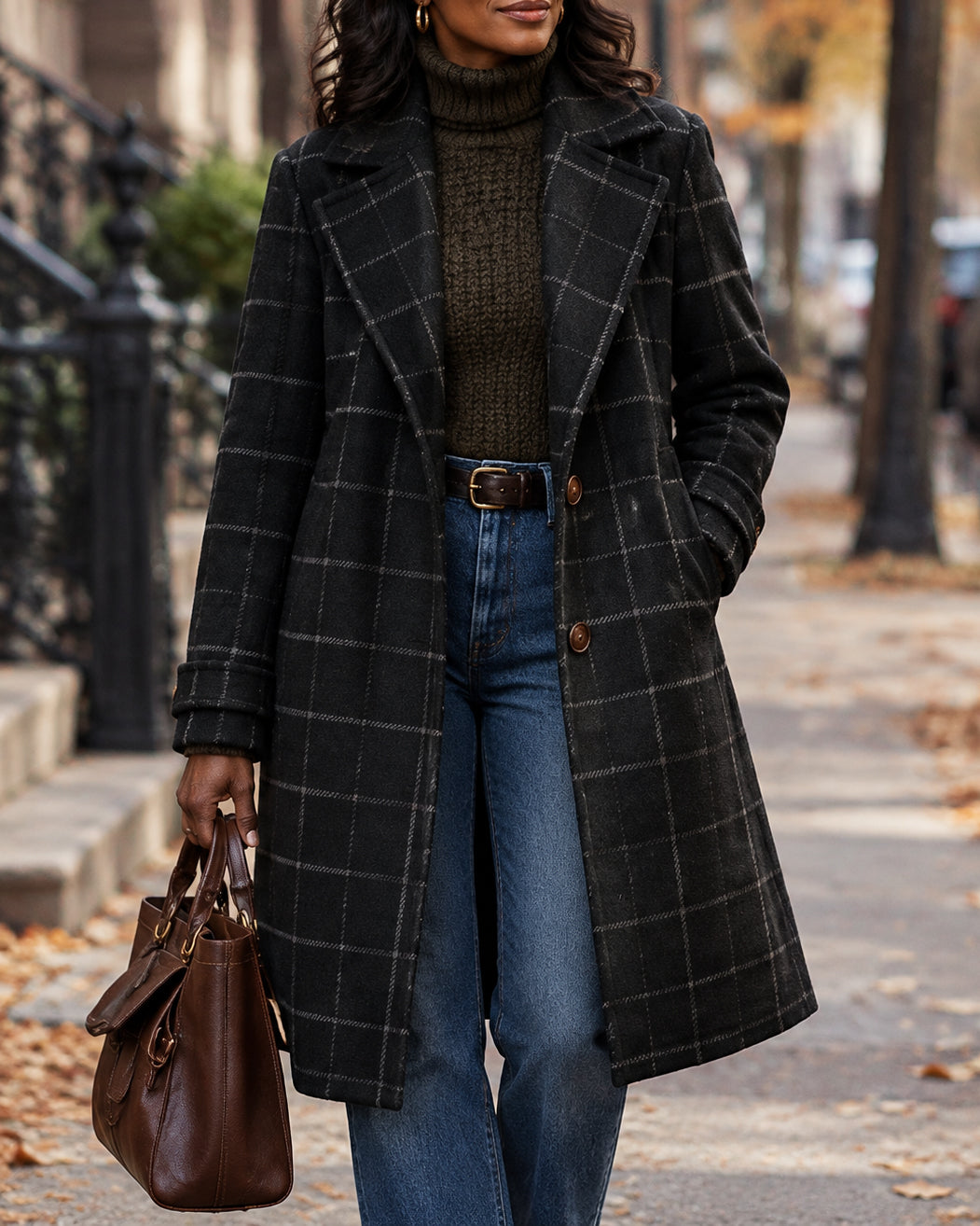 Women's Plaid Wool Blend Long Coat