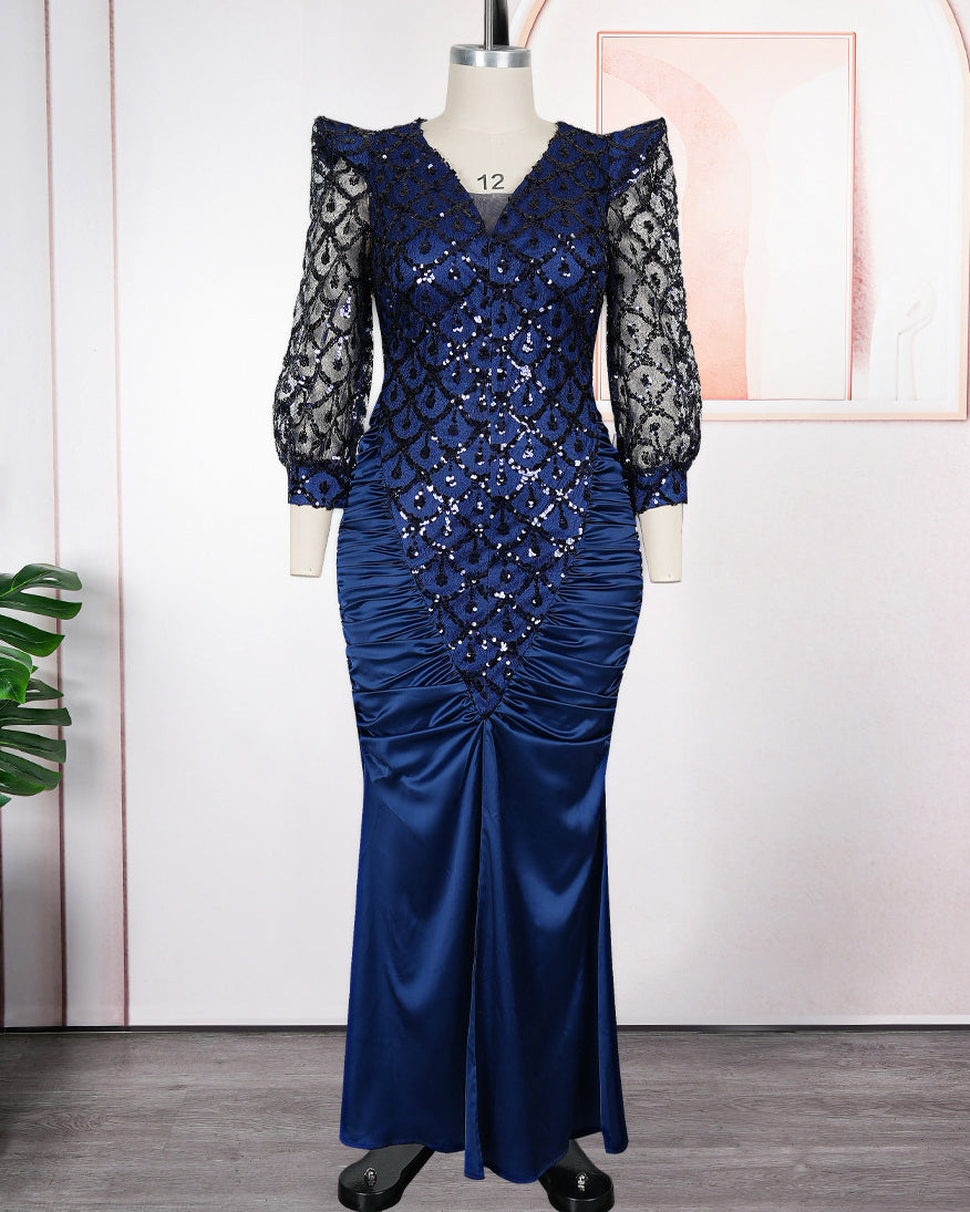 Plus Size Lace Puff Sleeve Sequin Lace Mermaid Maxi Gown Evening Dress