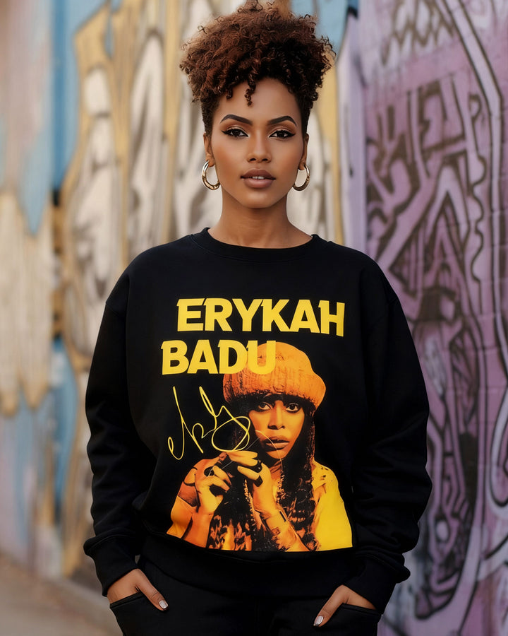 Erykah Badu Character Printed  Crewneck Long Sleeve Sweatshirt