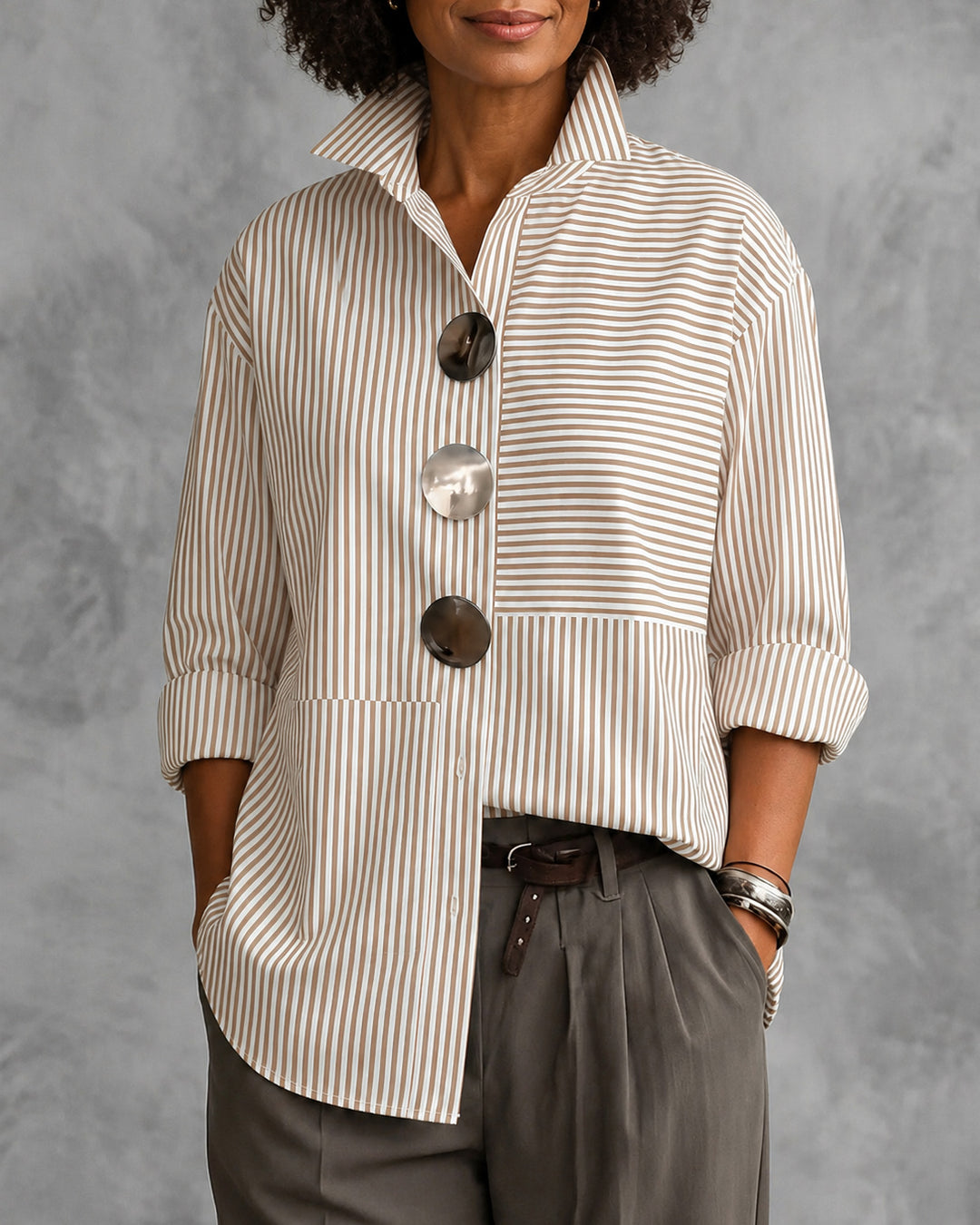 Irregular Stripes Stand Collar Long Sleeve Shirt with Metal Buttons