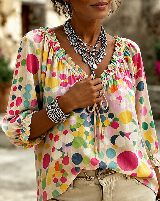 Irregular Colored Polka Dots Lace Up Blouse