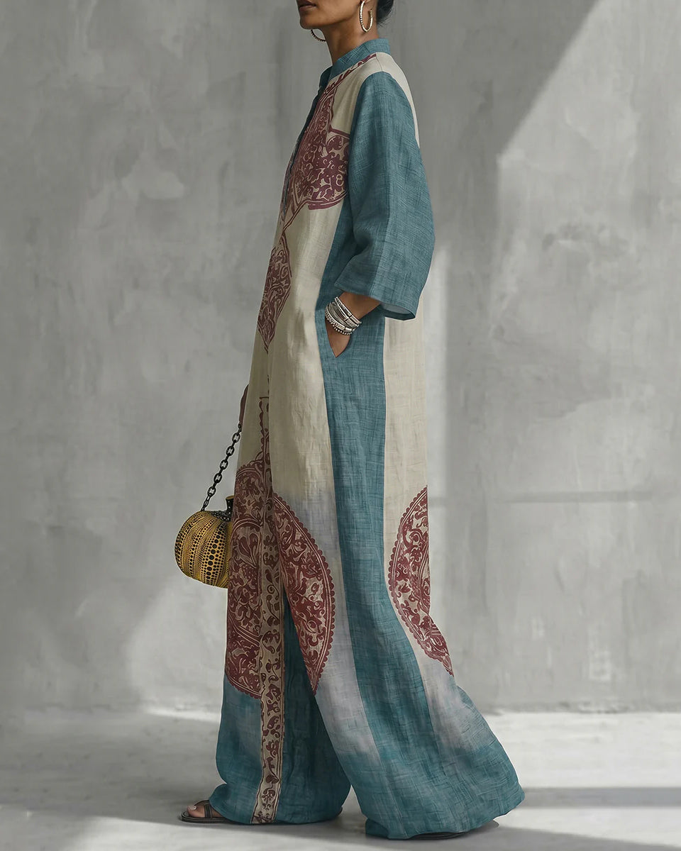 Loose Three-Quarter Sleeves Contrast Color Ethnic Printed Pockets V-Neck Jumpsuits