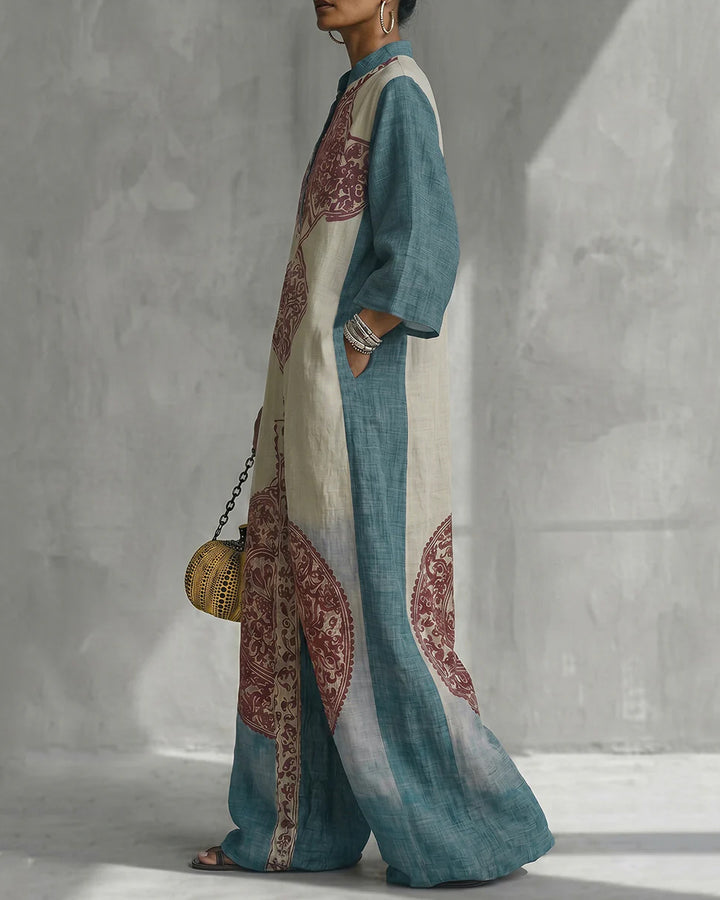 Loose Three-Quarter Sleeves Contrast Color Ethnic Printed Pockets V-Neck Jumpsuits