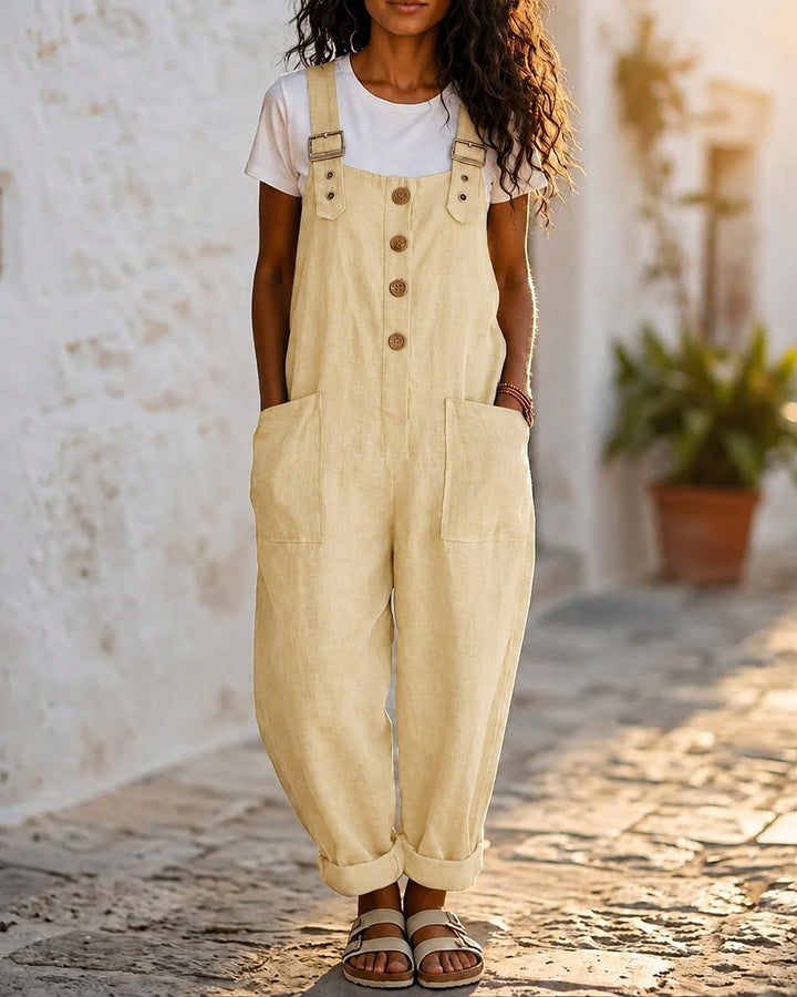 Solid Color Retro Cotton and Linen Pocket Loose Button-Front Overalls