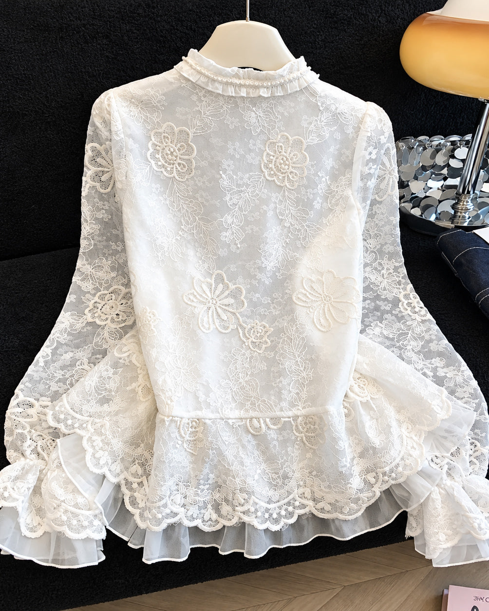 White Floral Lace Ruffled High Neck Puff Long Sleeve Blouse