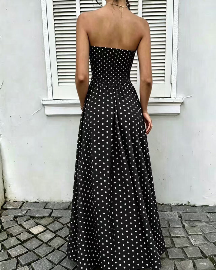 Women's Polka Dot Strapless Maxi Dress Sleeveless A Line Flared Knitted Fabric Casual Dress