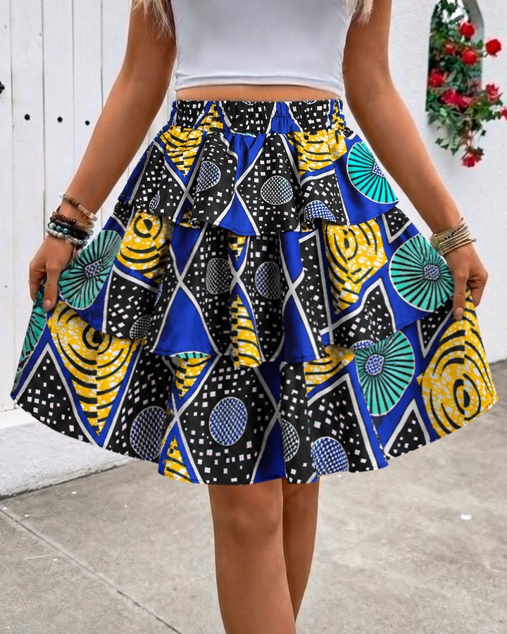 Tribal Geometric Totems Ruffle Trim Skirt