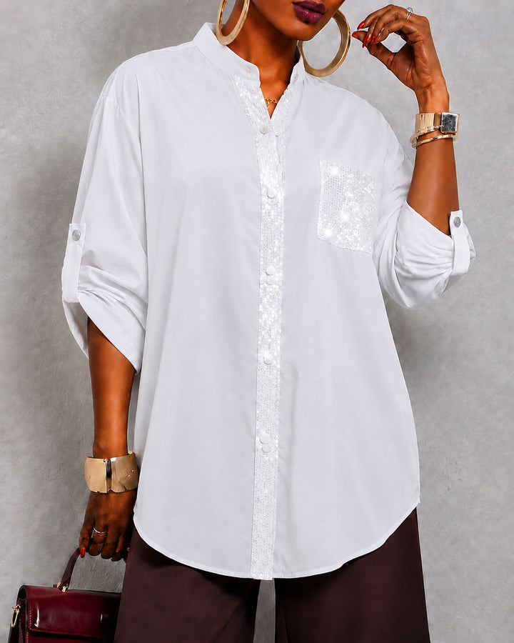 Semi-stand Collar Sequined Pocket Button-down Shirt