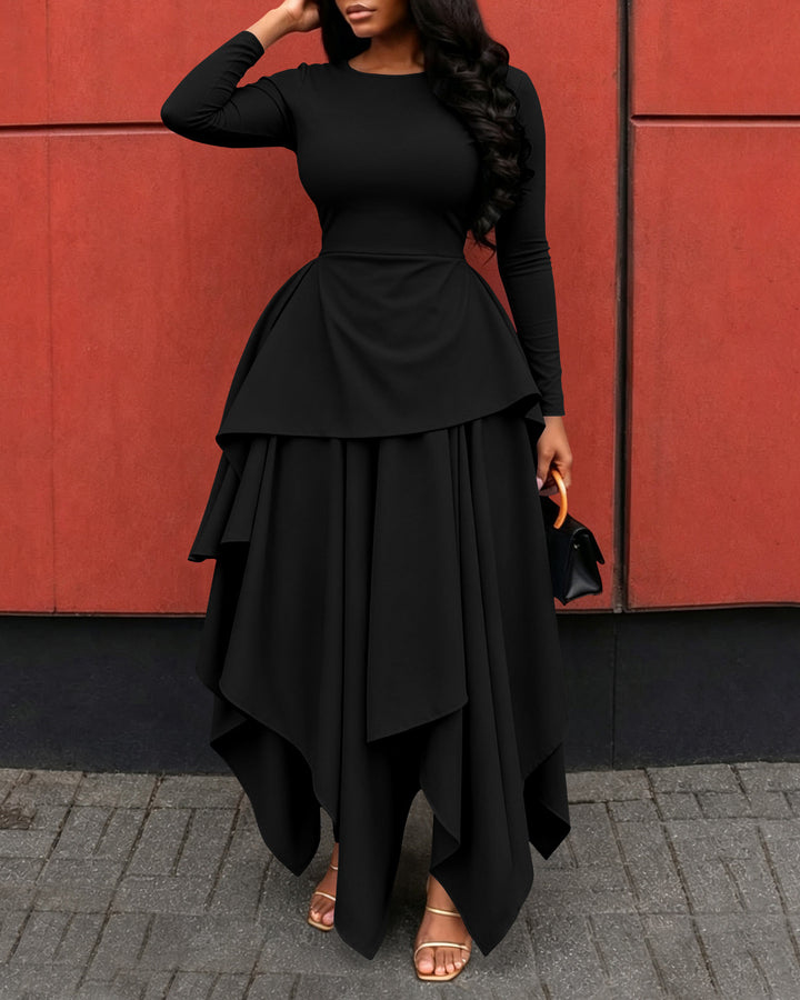 Elegant Long Sleeve Round Neck Layered Irregular Hem Maxi Dress