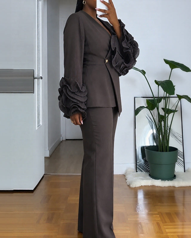 Women's 2 Piece Outfit Set V Neck Ruffle Long Sleeve Blazer and High Waist Wide Leg Pants