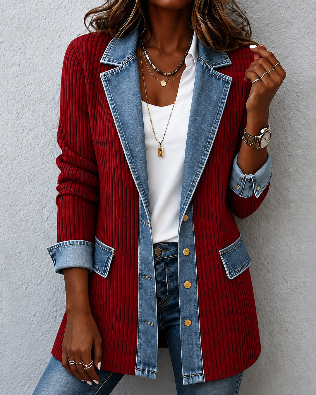 Denim-look Stretch Ribbed Knit Jacket