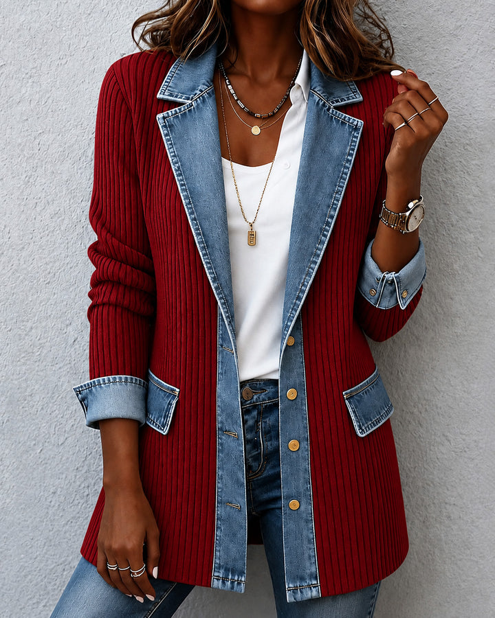 Denim-look Stretch Ribbed Knit Jacket
