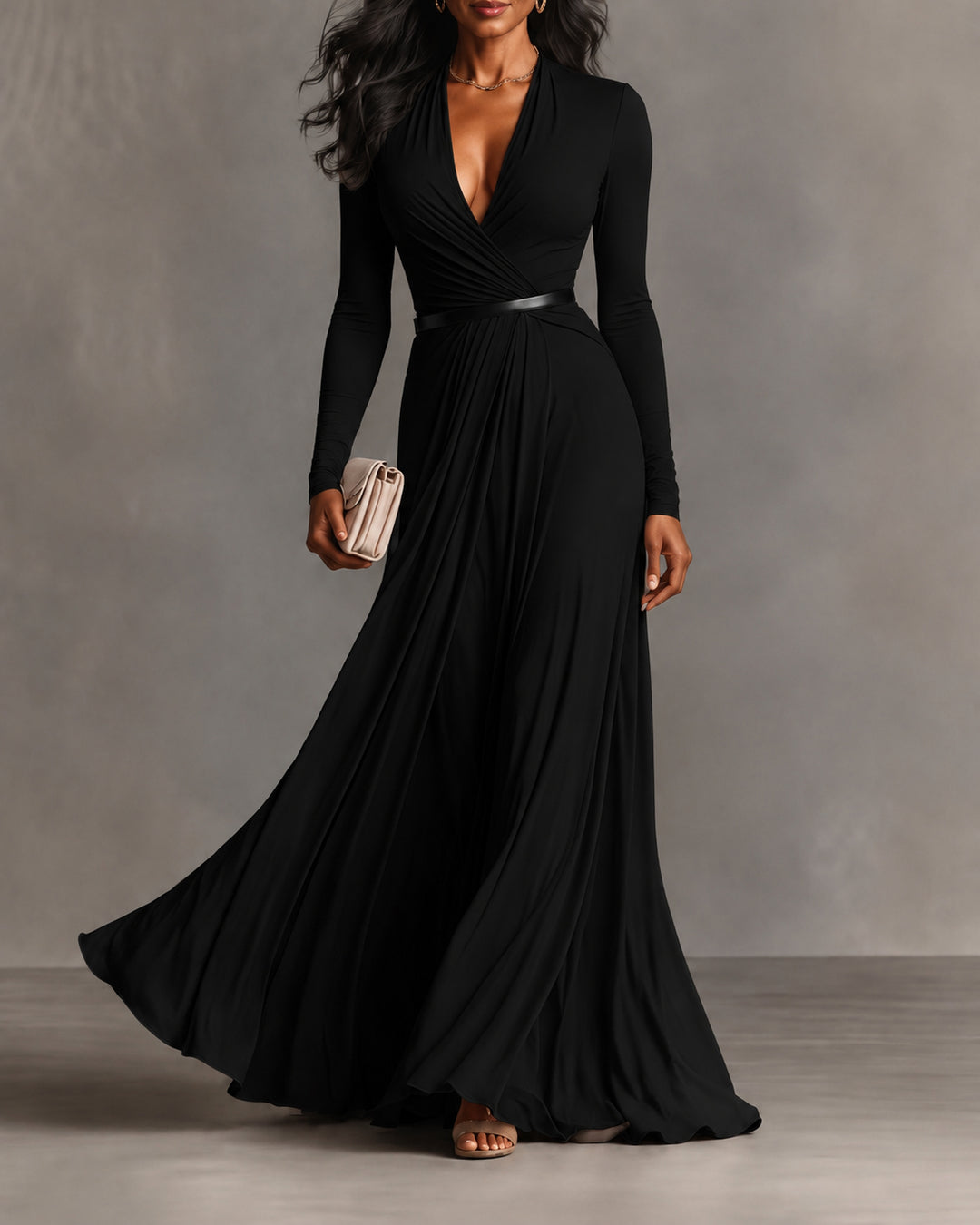 V-Neck Long Sleeve Solid Color Elegant Flared Maxi Dress
