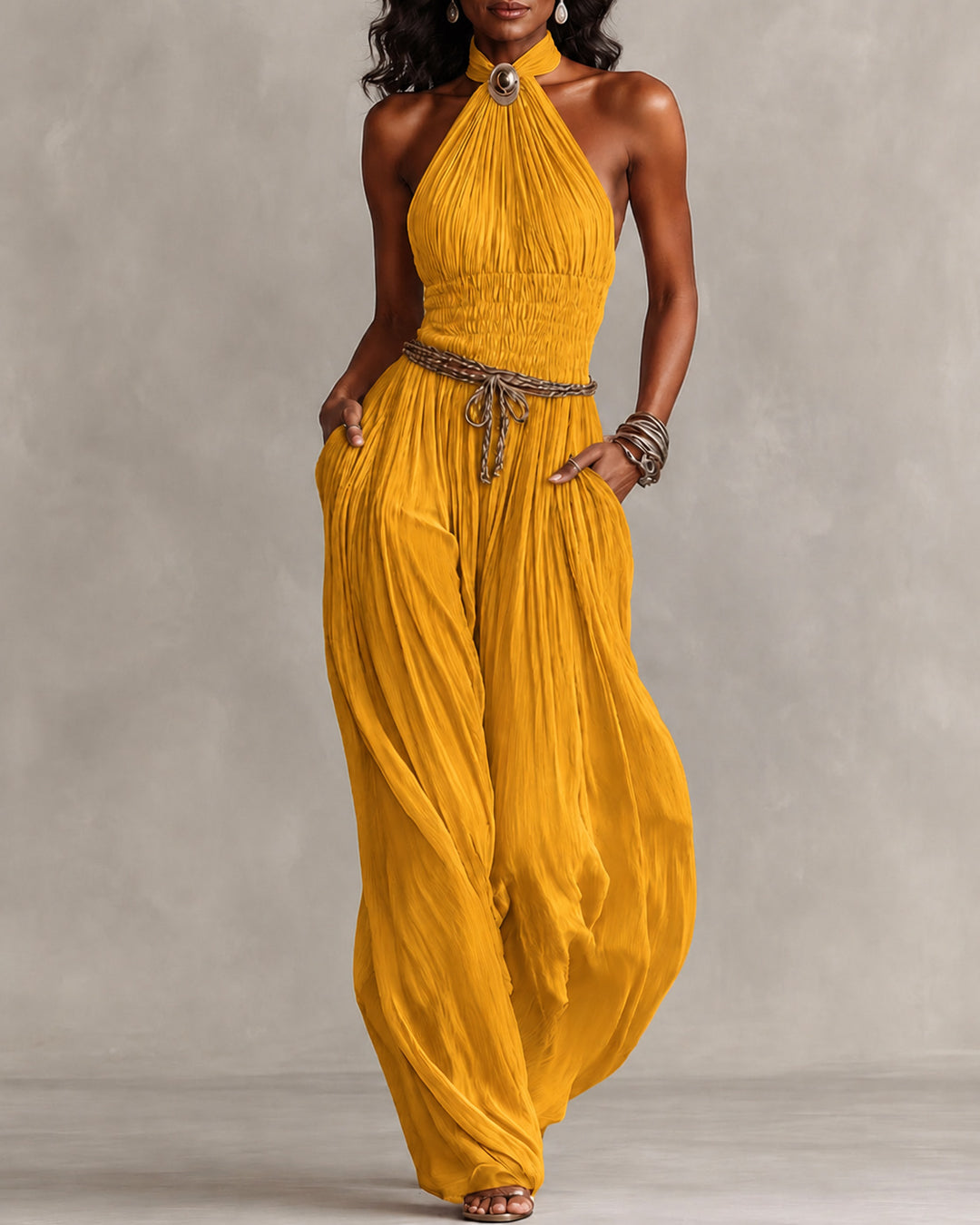 Bohemian Halter Neck Wide-Leg Jumpsuit
