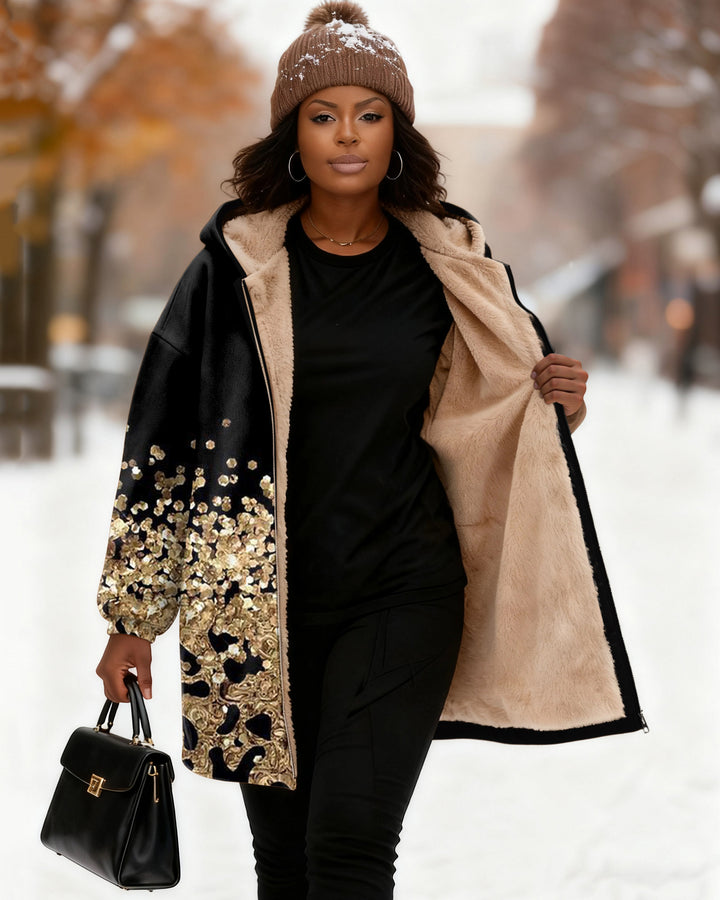 Leopard Print Gold Sequins Long Sleeve Zip-Up Fleece Long Hoodies