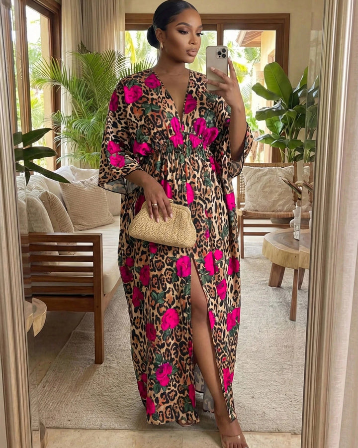 Classic Leopard Print Rose Deep V-Neck Slit Thigh Vacation Dress