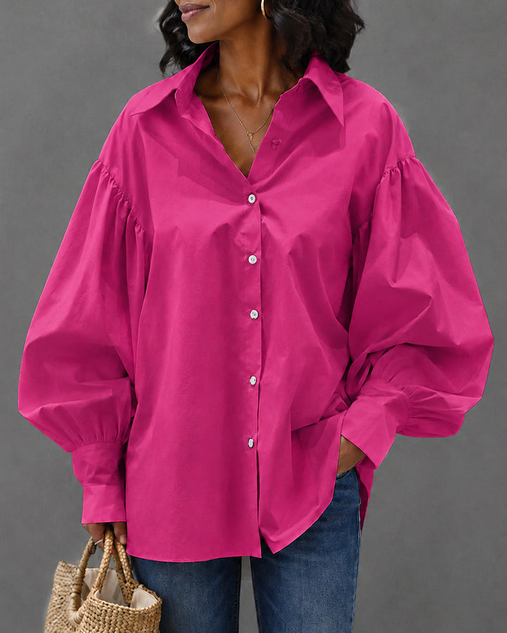 Lantern Sleeve Button-down Loose-fitting Stylish Shirt Blouse