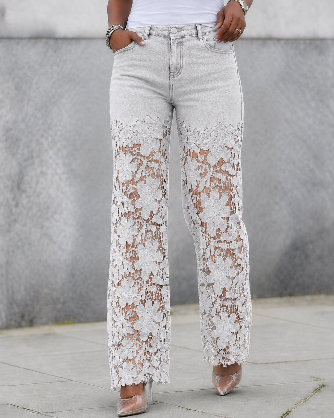 High Waist Lace Spliced Wide Leg Jeans
