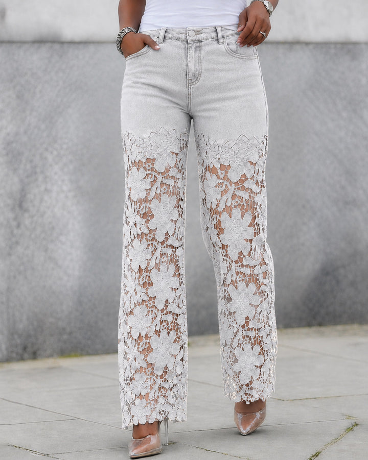 High Waist Lace Spliced Wide Leg Jeans