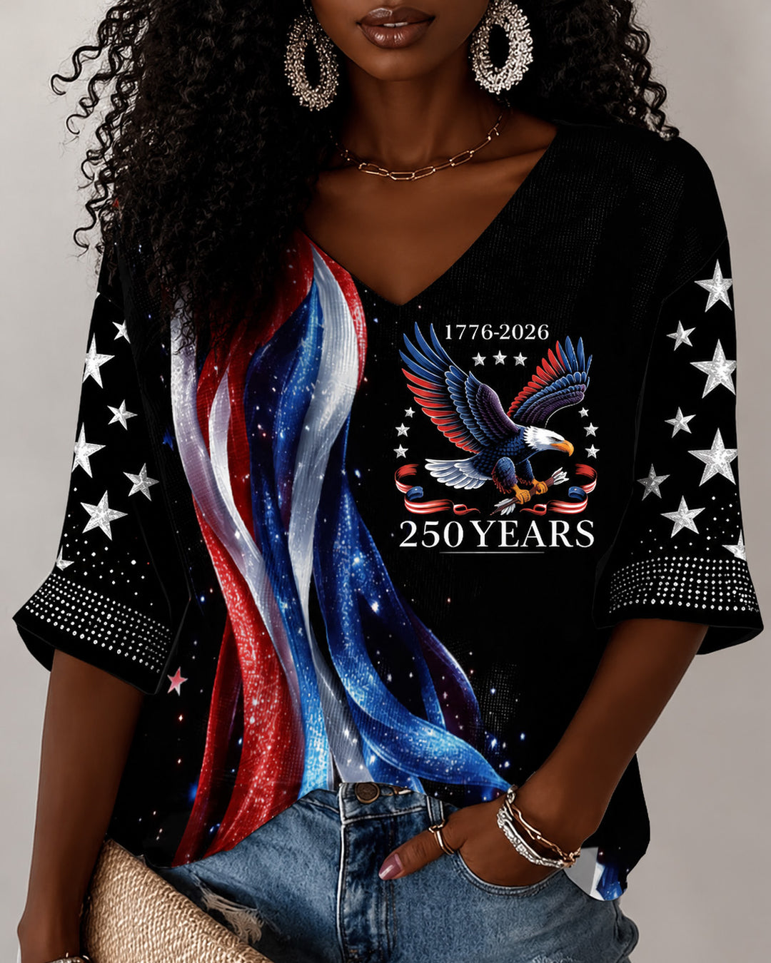 America 250th Patriot Eagle Print V-neck Half Sleeved Loose Top