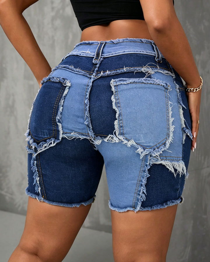 Color Block Spliced Denim Shorts