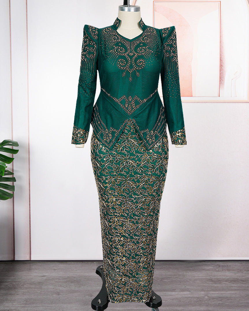 Plus Size Emerald Green Gold Embroidered Maxi Formal Gown