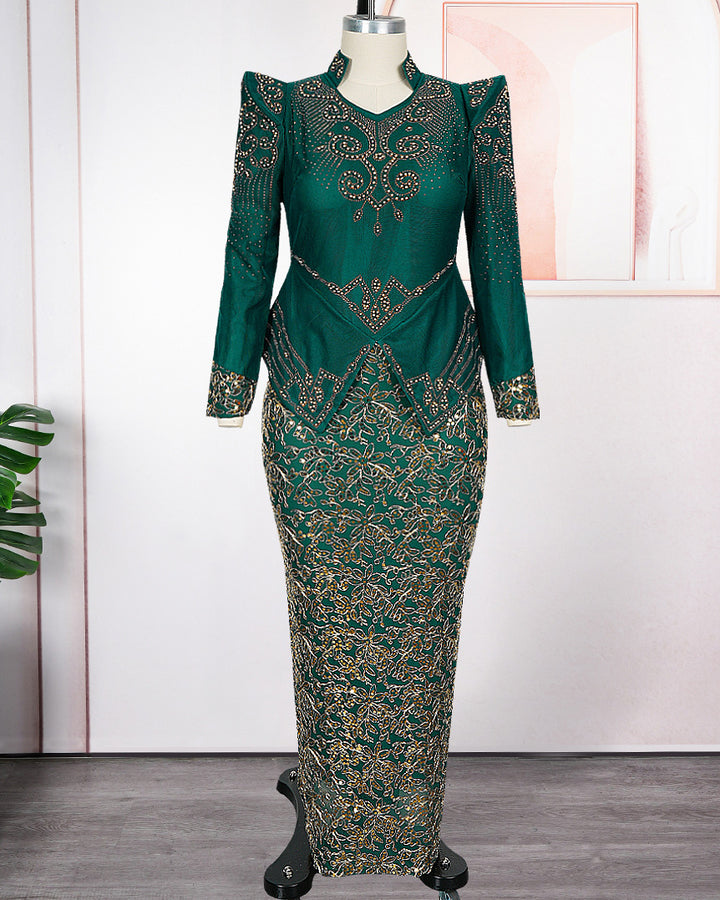 Plus Size Emerald Green Gold Embroidered Maxi Formal Gown