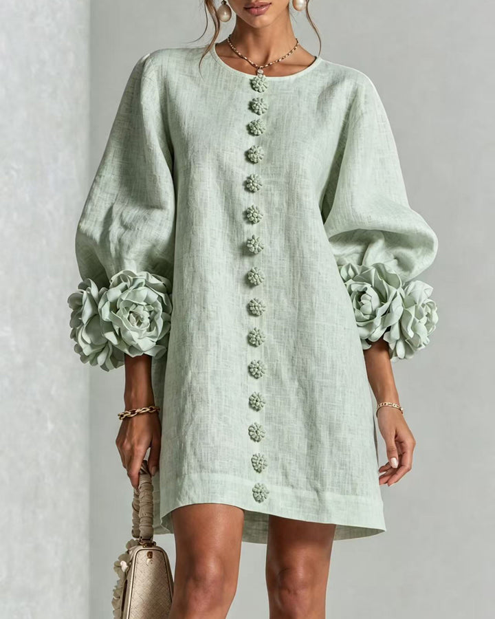 Linen Blend Flowers Button Down Floral Cuffs Half Sleeve Mini Dress