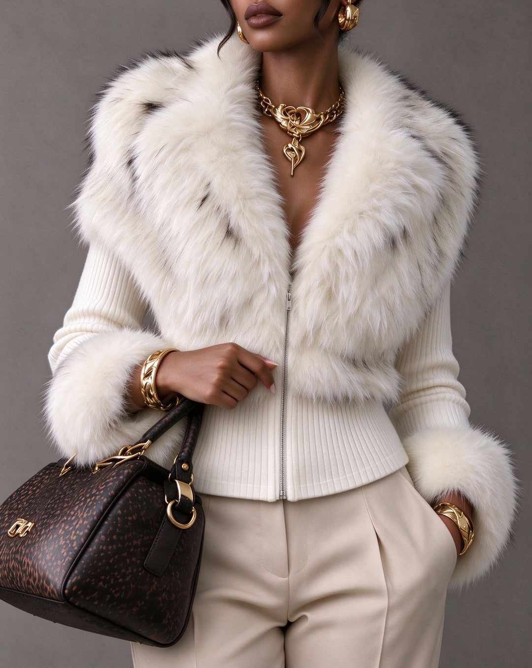 Women Faux Fur Collar & Cuff Ribbed Knit Cropped Jacket