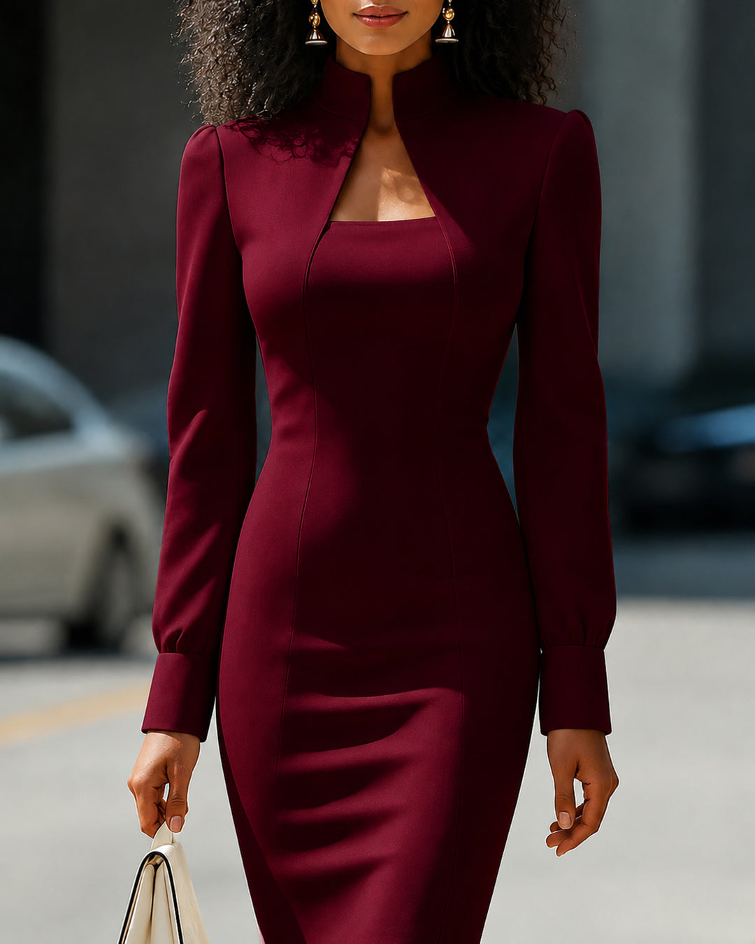 Stand Collar Knee-Length Long Sleeve Dress