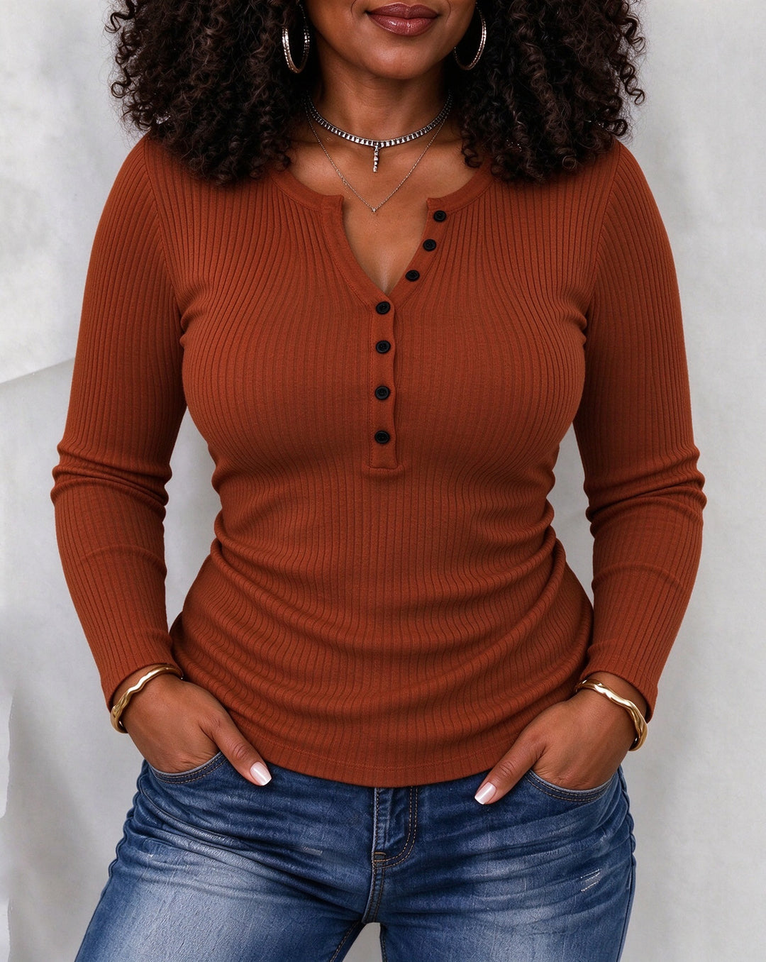 Women's Ribbed Long Sleeve Henley Top