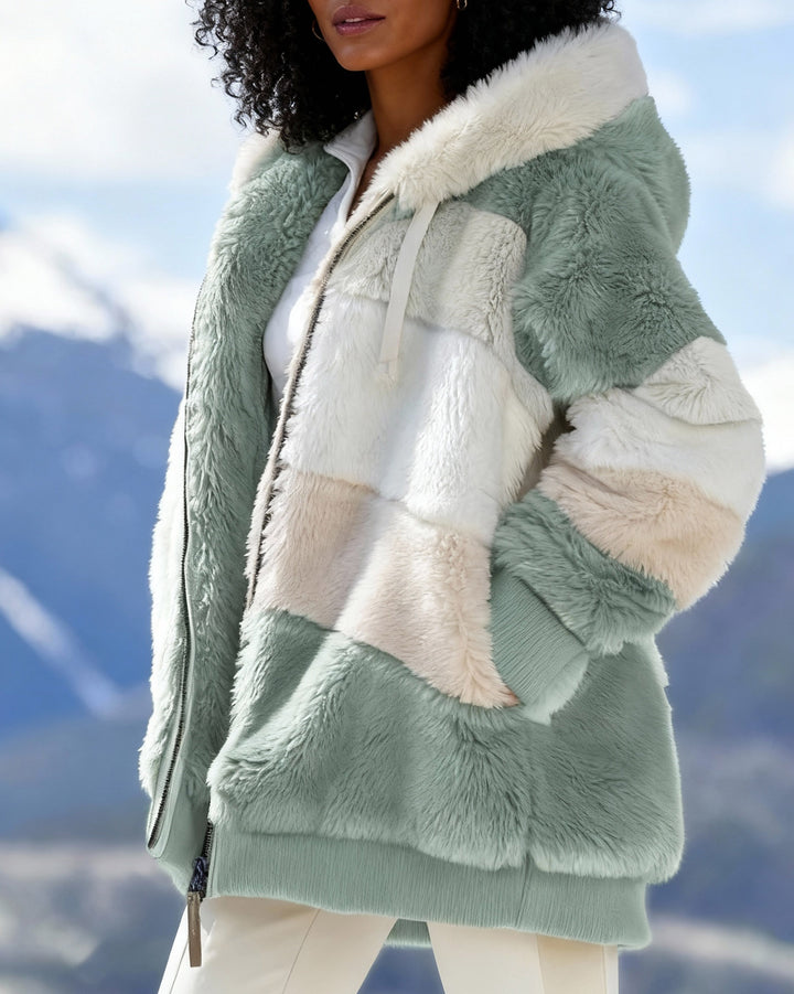 Women Loose Fluffy Colorblock Hooded Coat