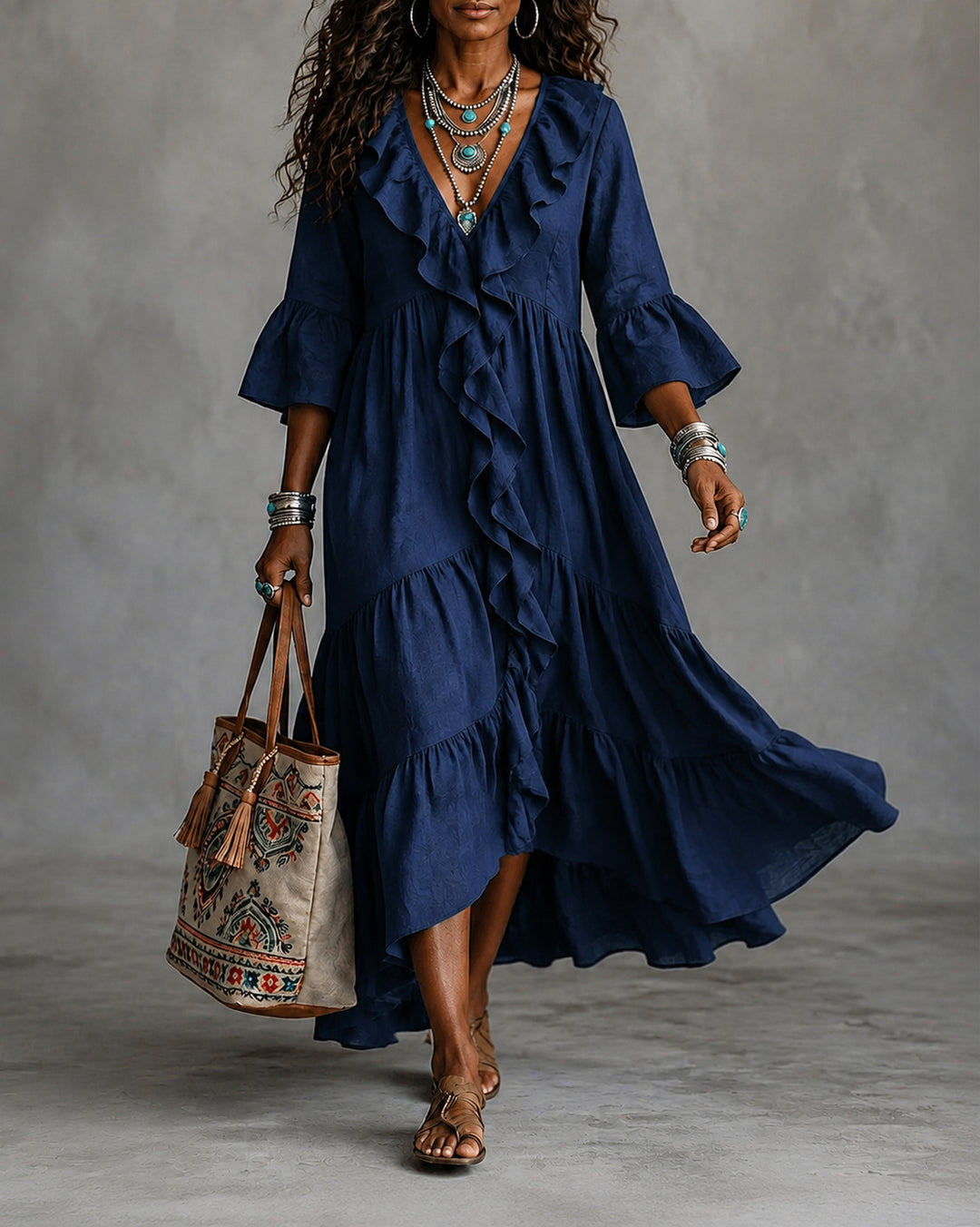 V-Neck Lace Spliced 3/4 Flare Sleeve Ruffled Vintage Dress