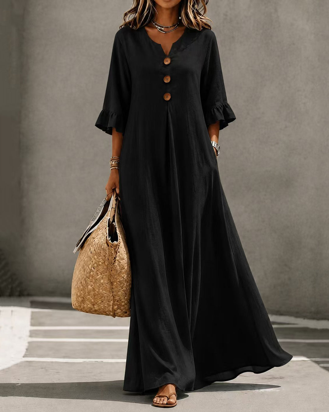V Neck Button Ruffle Sleeve Maxi Dress With Pockets