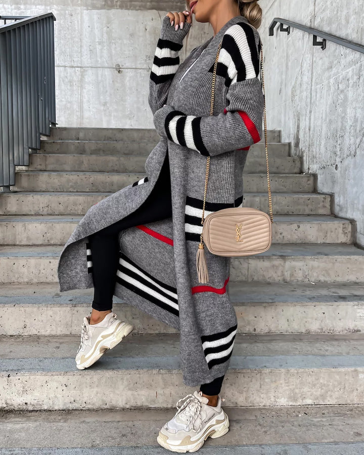 Color Block Striped Open Front Long Knit Cardigan