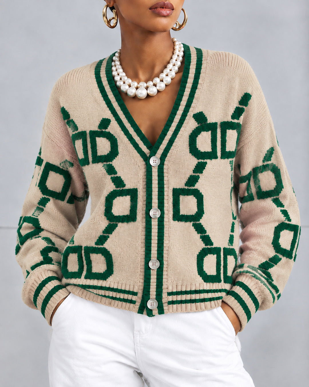 Women's V Neck Geometric Pattern Knit Cardigan