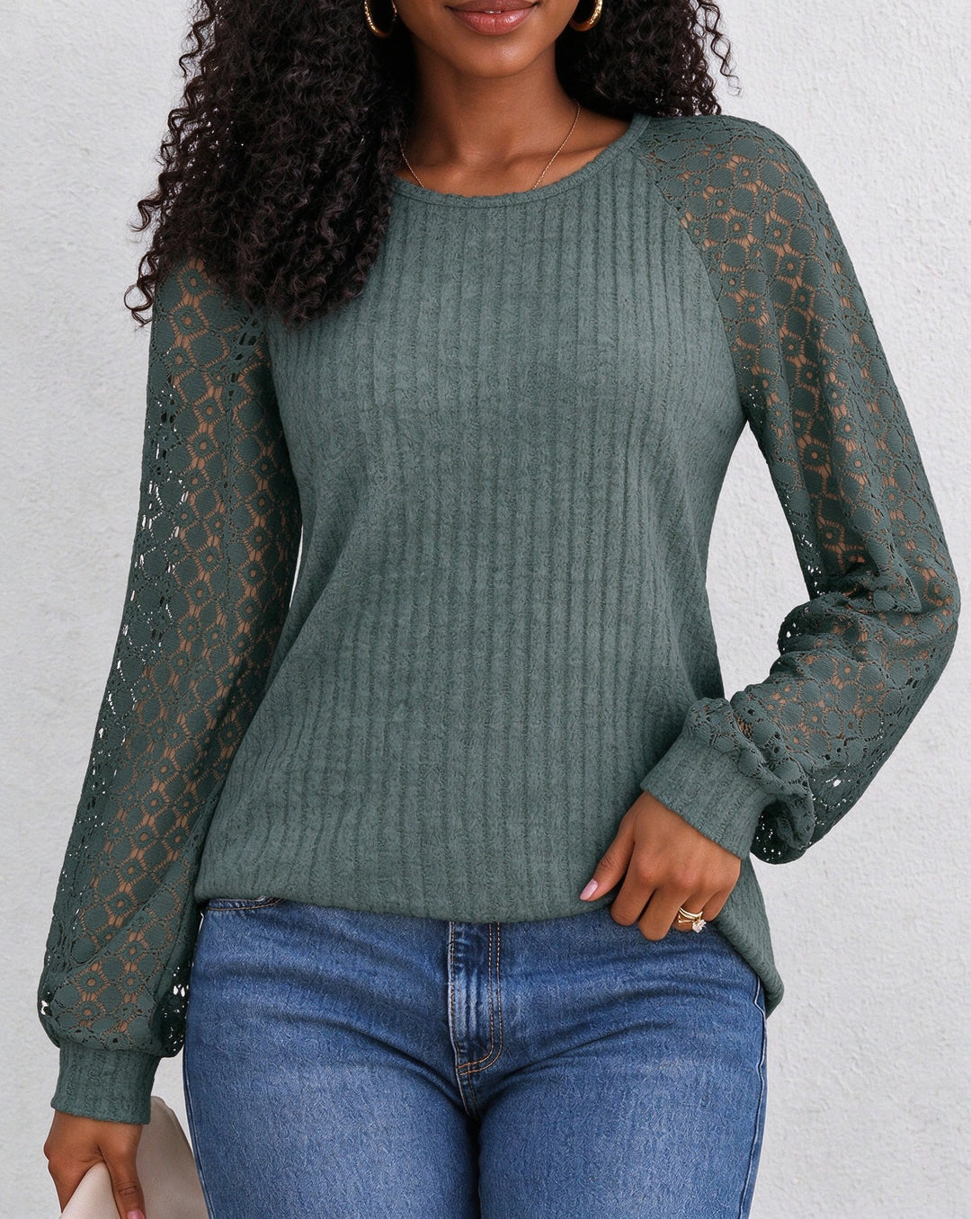 Women's Ribbed Knit Round Neck Raglan Lace Long Sleeve Top