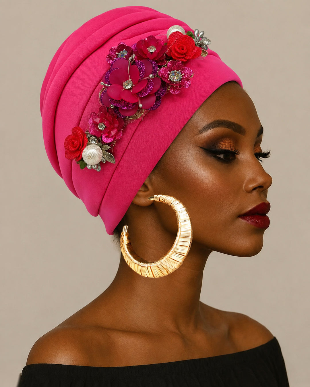 Hand‑made Pearl Hot‑fix Rhinestone Floral Turban Hat