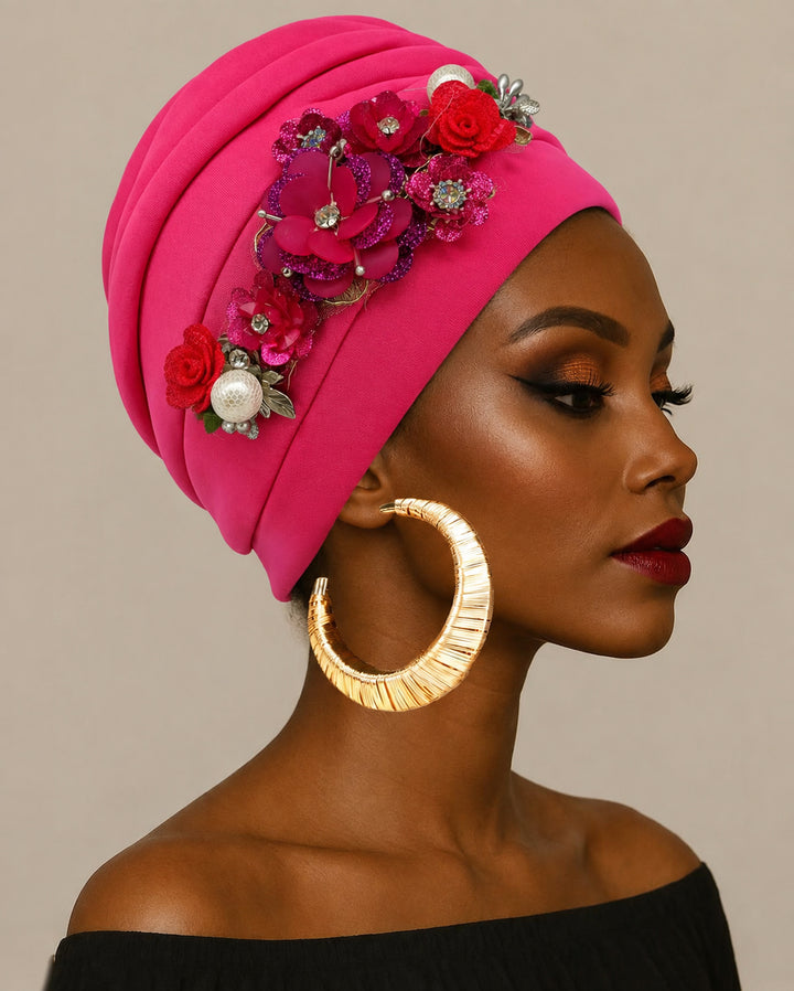 Hand‑made Pearl Hot‑fix Rhinestone Floral Turban Hat