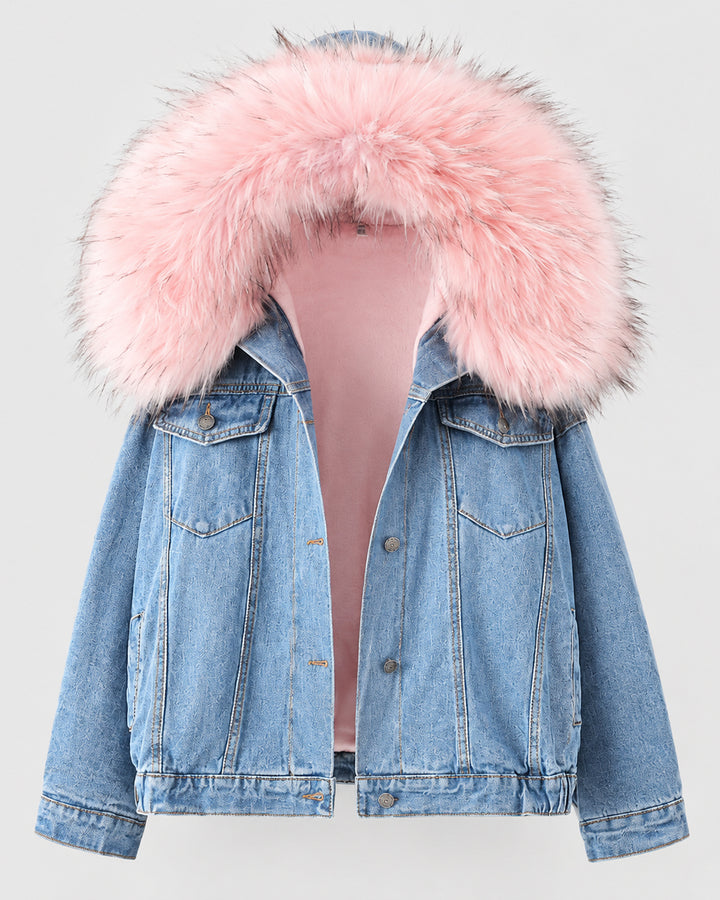 Faux Fur Collar Button Down Long Sleeve Oversized Denim Jacket